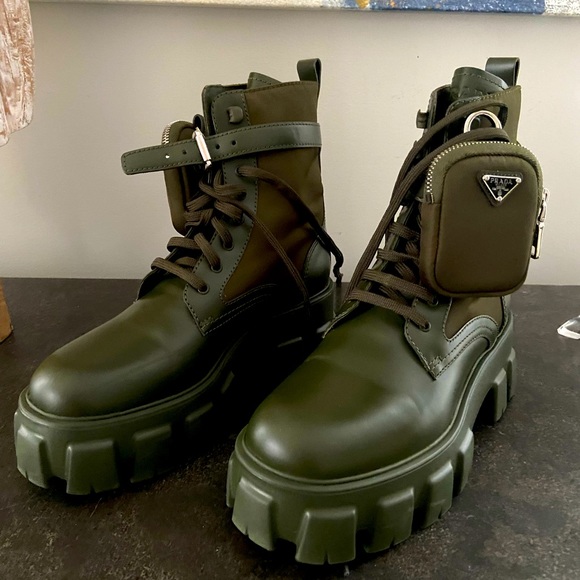 Prada Shoes - Prada Monolith Leather & Nylon Lug-Sole Combat Boots